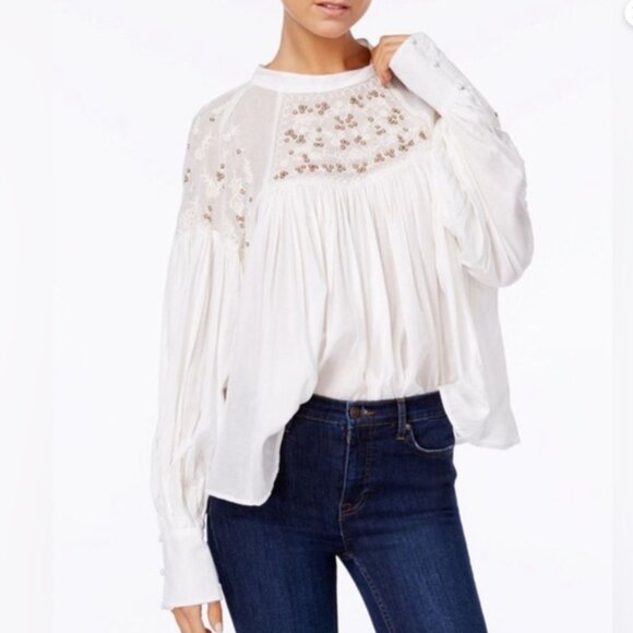 Free People Have It My Way Blouse Womens Size Small Beaded Embroidered Flowy - Picture 1 of 13